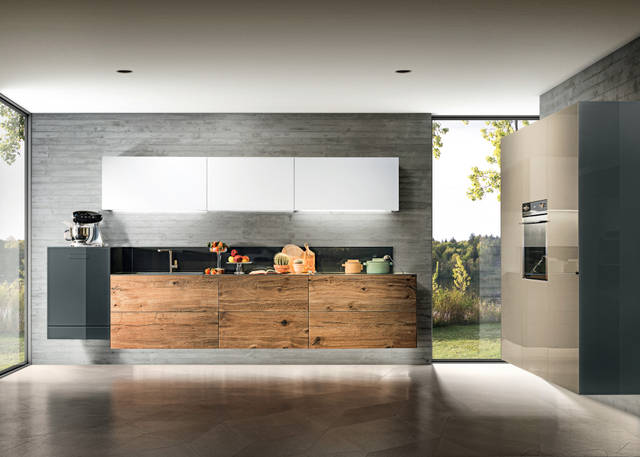 cucina in legno sospesa a parete con illuminazione | Cucina 36e8 Wildwood | LAGO