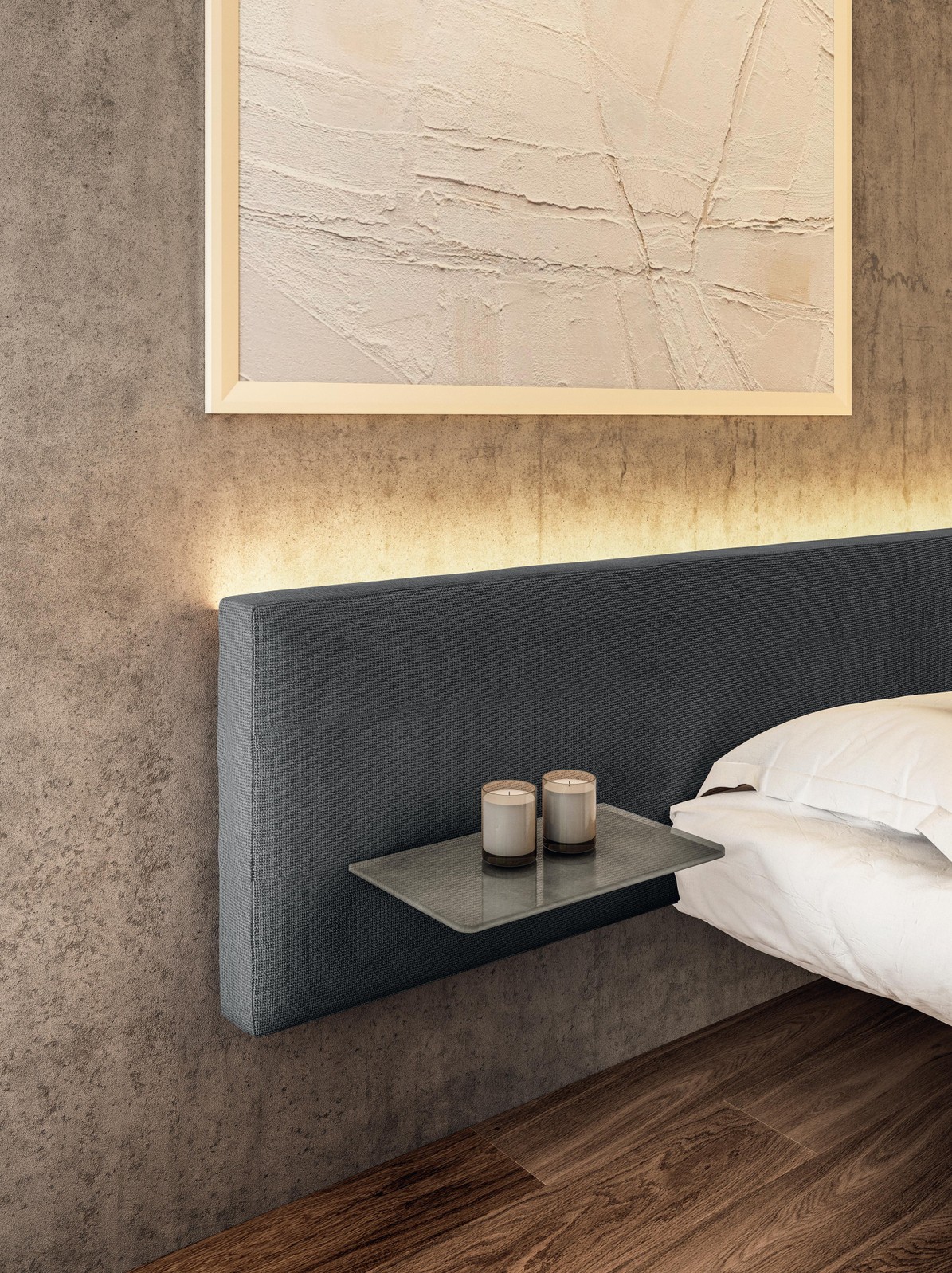 floating bed with horizontal fabric headboard | Fluttua Bed | LAGO