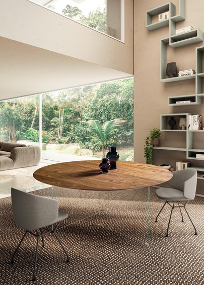 Mesa de comedor redonda de madera y cristal | Mesa Redonda Air Slim | LAGO