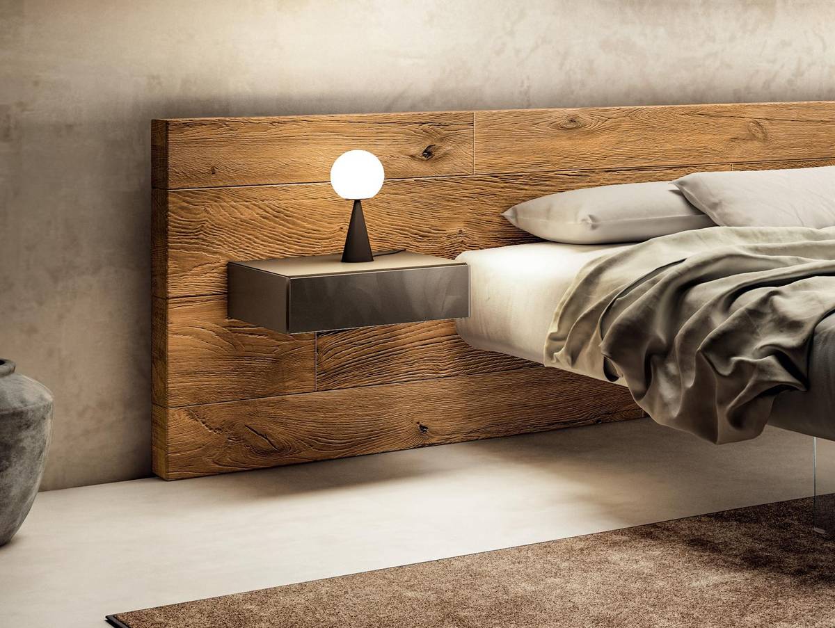 suspended bed with wooden headboard and integrated bedside tables | Air Bed | LAGO