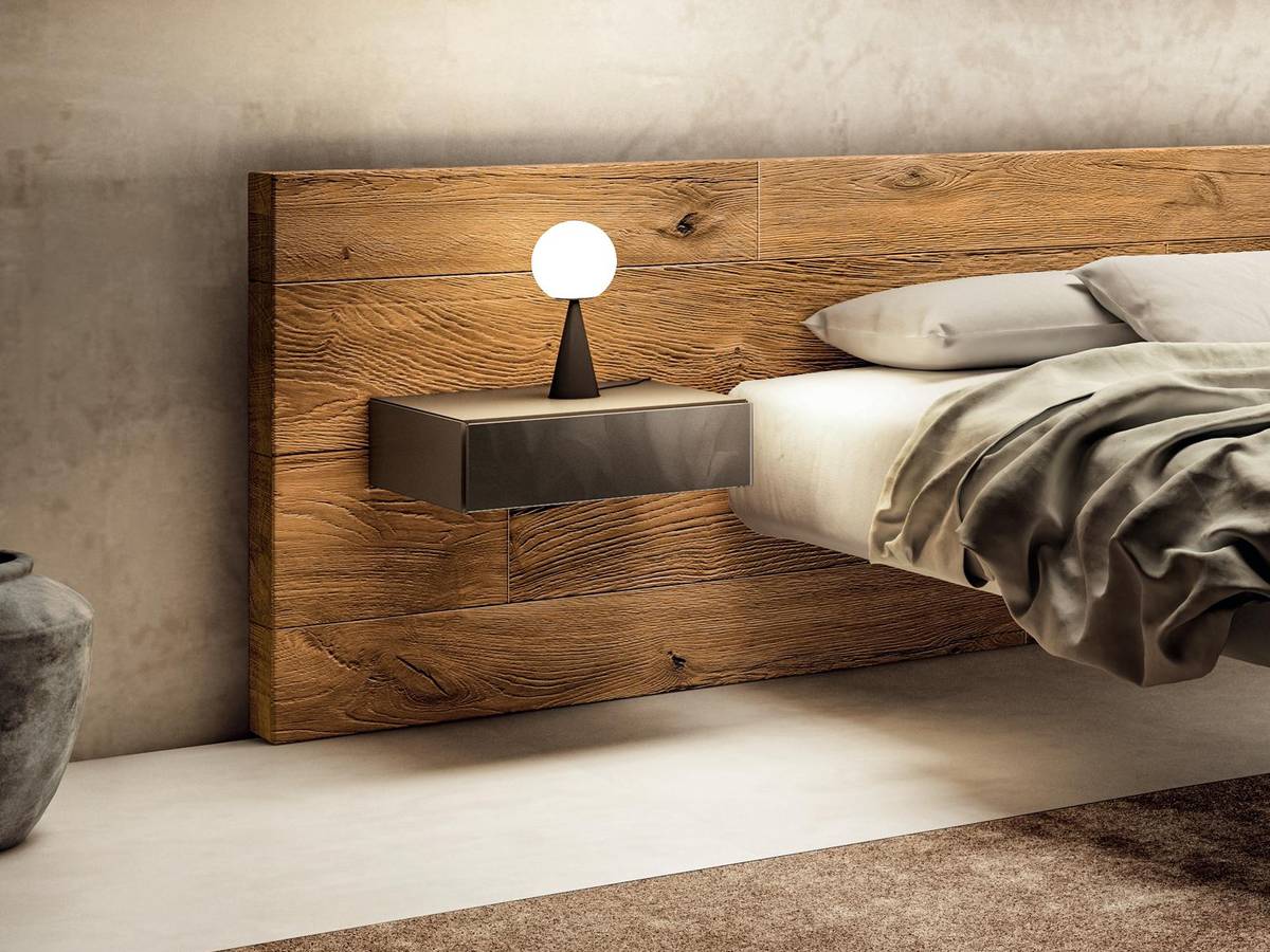 lit suspendu avec tête de lit en bois et tables de chevet intégrées | Lit Air | LAGO
