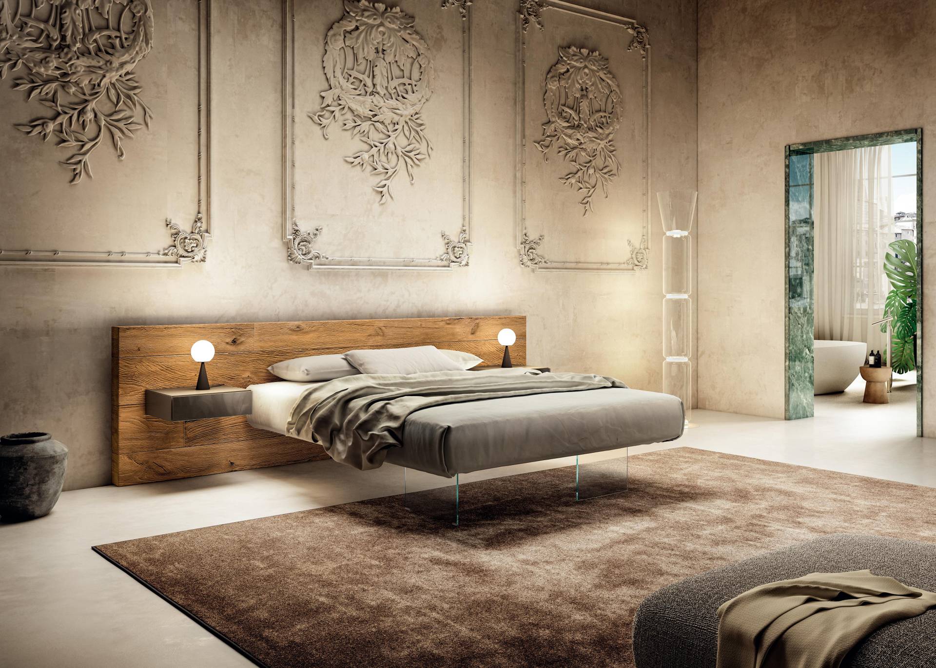 suspended bed with wooden headboard and integrated bedside tables | Air Bed | LAGO