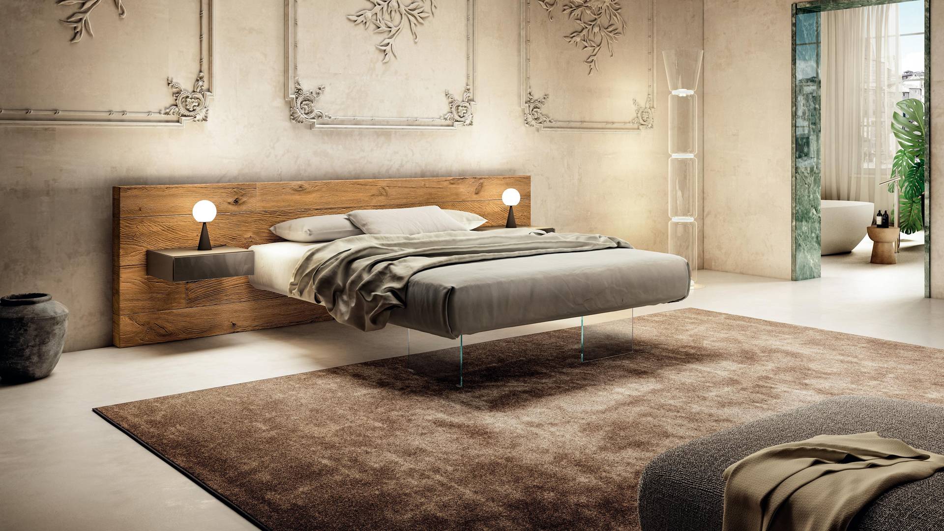 letto sospeso con testiera in legno e comodini integrati | Letto Air | LAGO letto sospeso con testiera in legno e comodini integrati | Letto Air | LAGO
