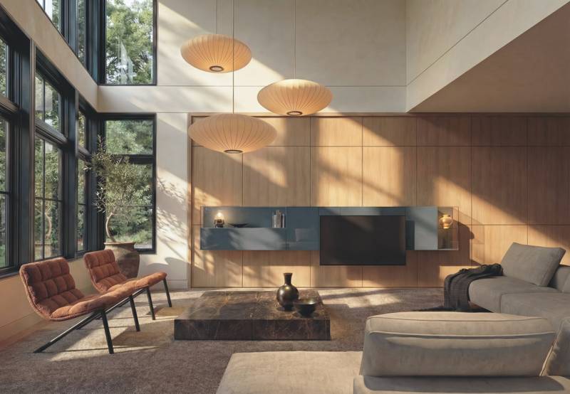 Elegant living room with a glass wall unit – LAGO 36e8 Cinema