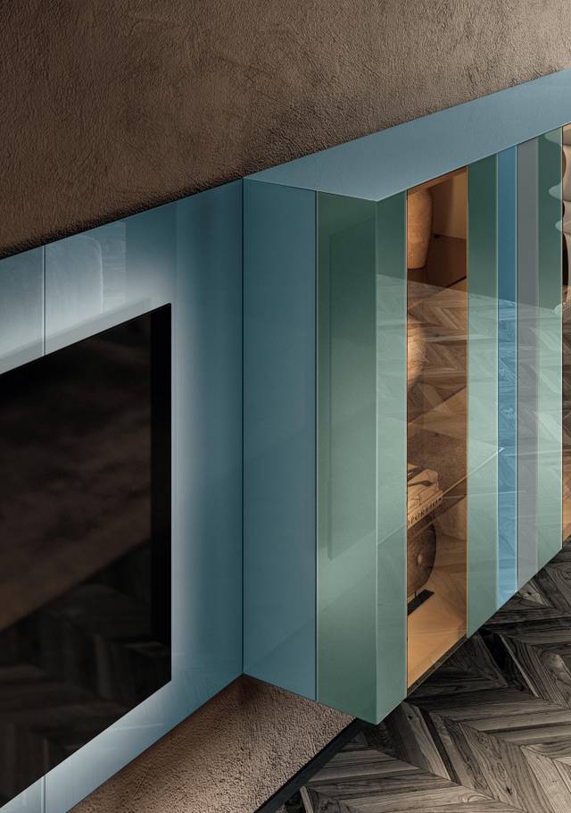 Pared Equipada de salón suspendido en cristal azul | Pared Equipada N.O.W. | LAGO