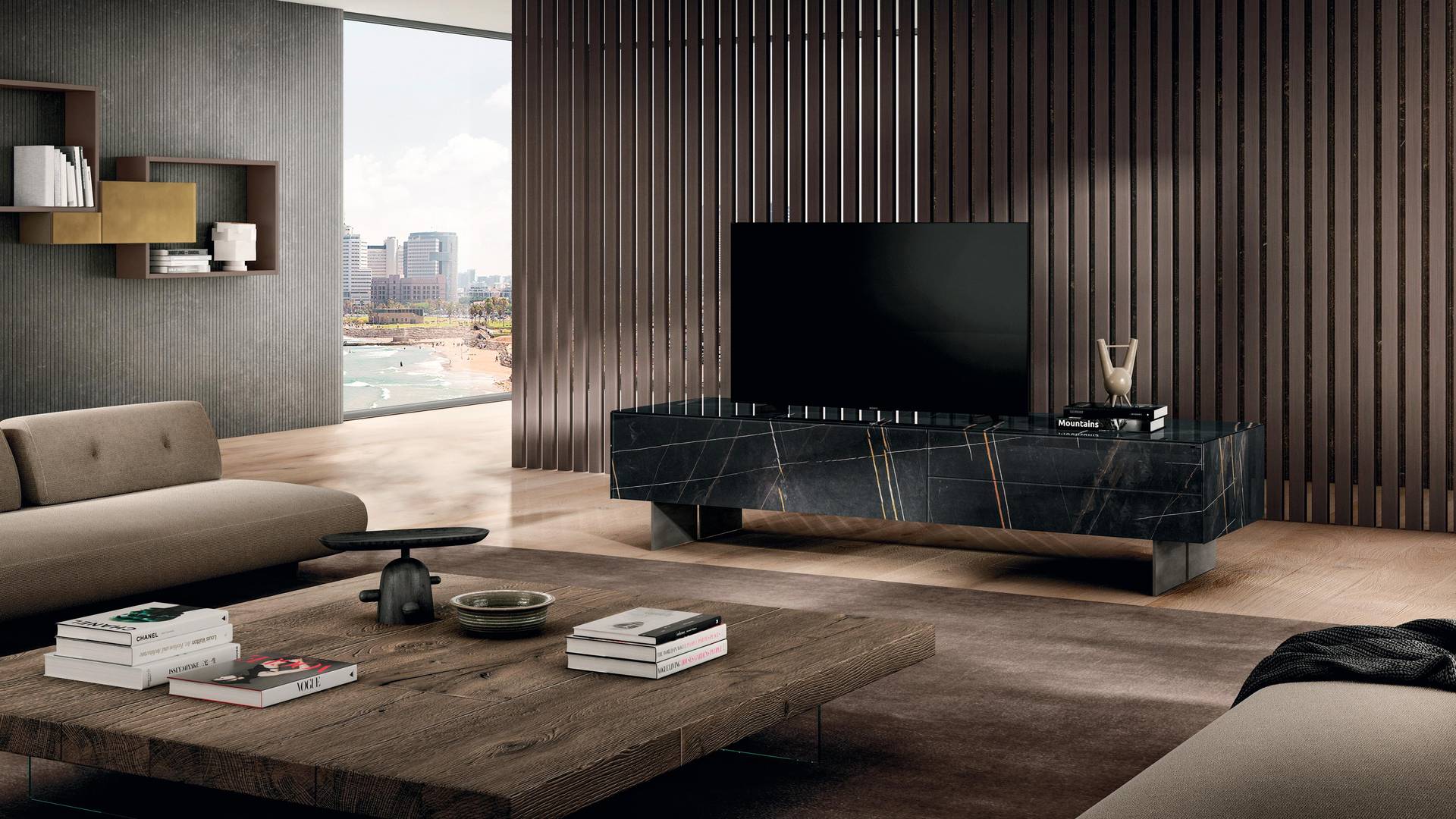 living room with designer tv units | Materia Tv Unit | LAGO