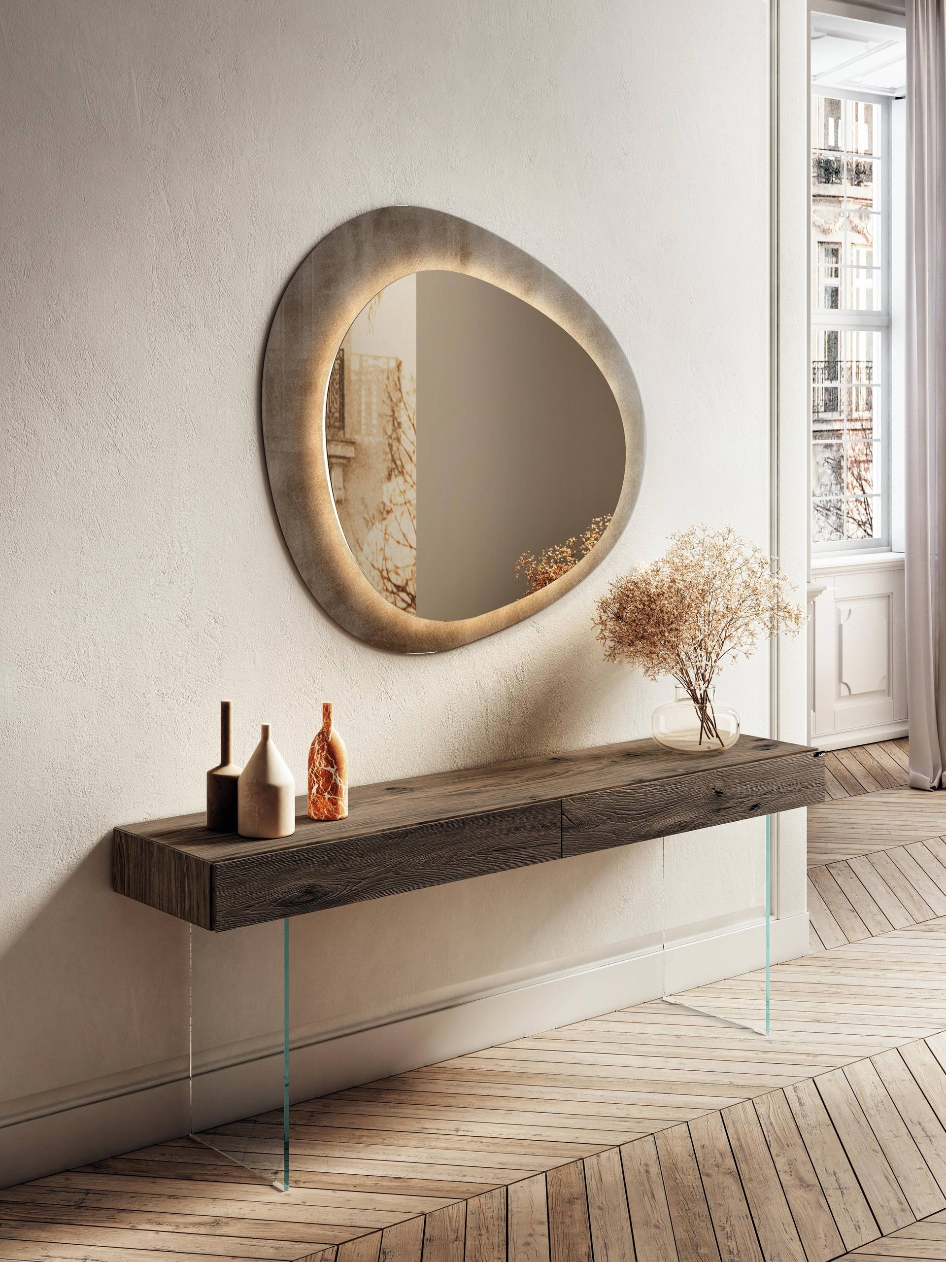 console table with mirror in wood and glass | Console 36e8 | LAGO
