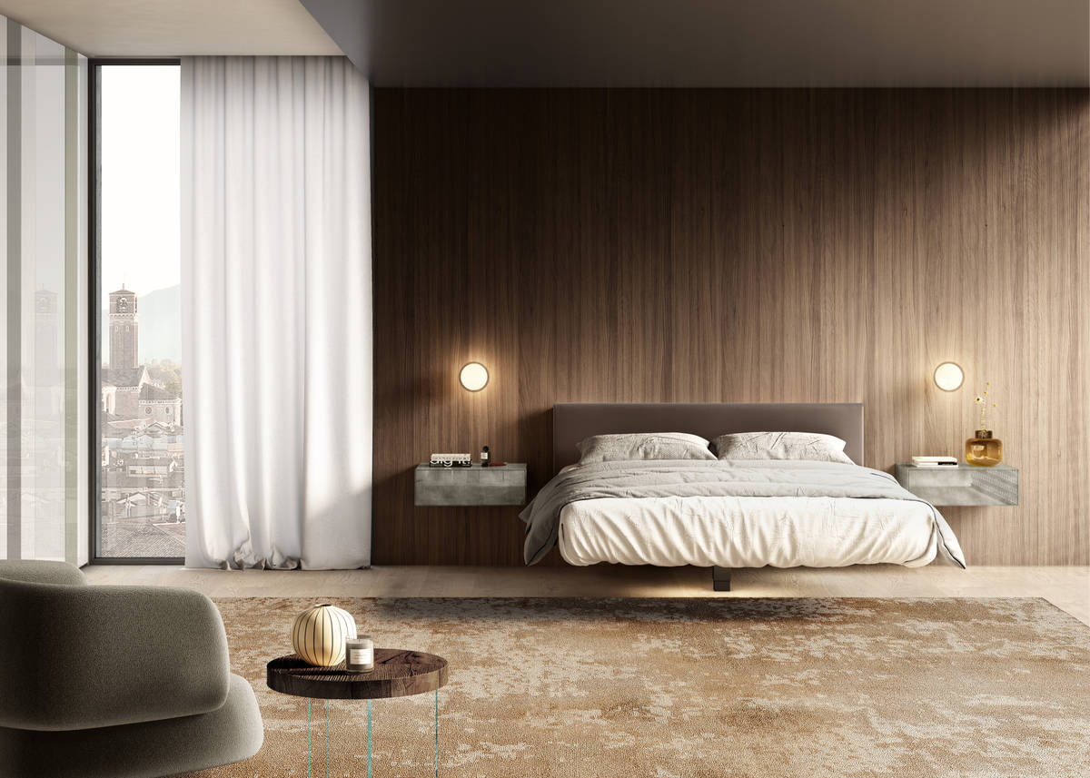 suspended bed with wall-mounted bedside tables | Fluttua Bed | LAGO