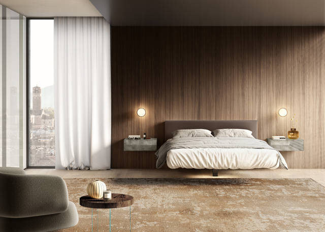 suspended bed with wall-mounted bedside tables | Fluttua Bed | LAGO