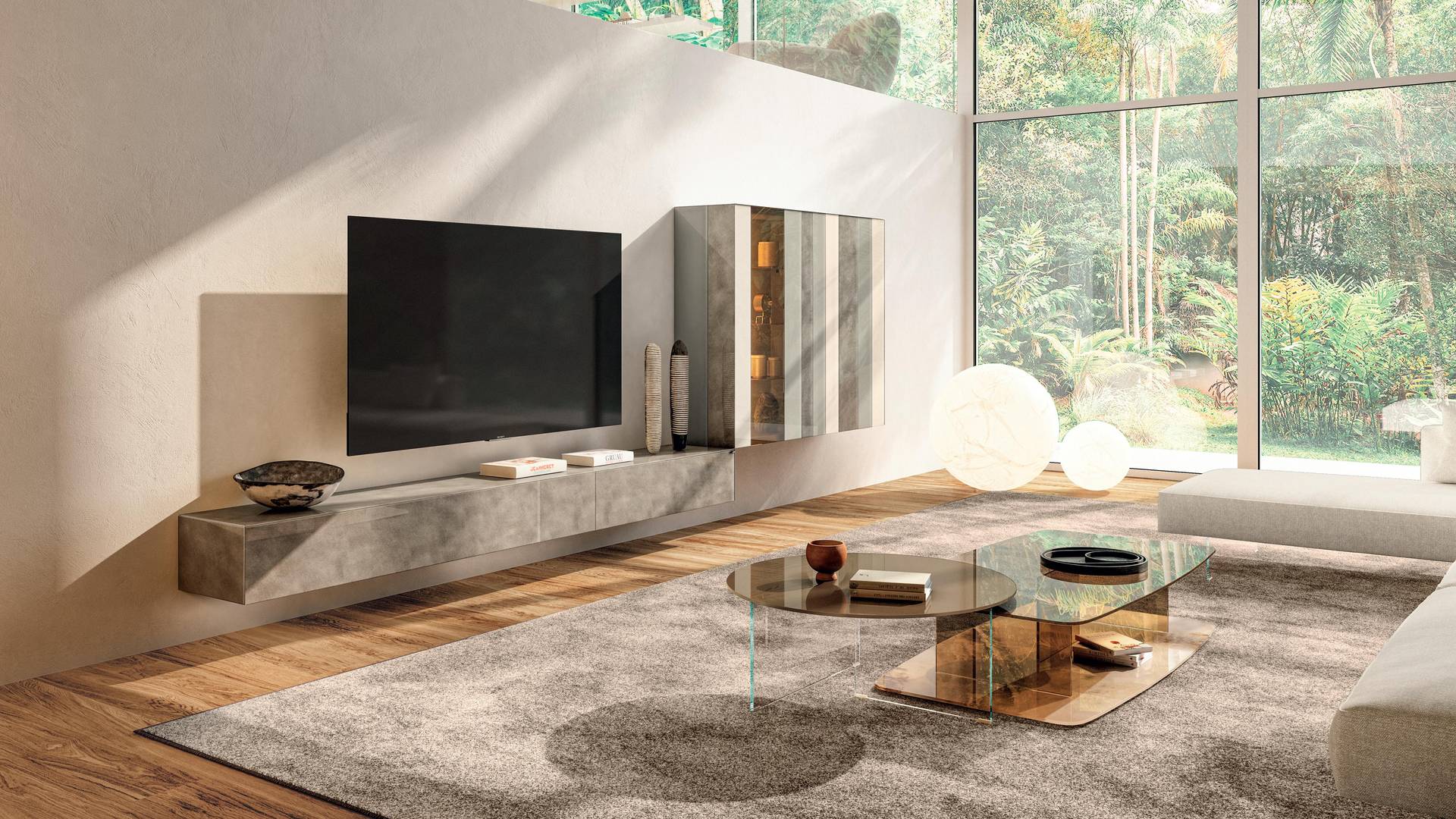 Salon moderne avec meuble mural intégré | Paroi Aménagée N.O.W. | LAGO