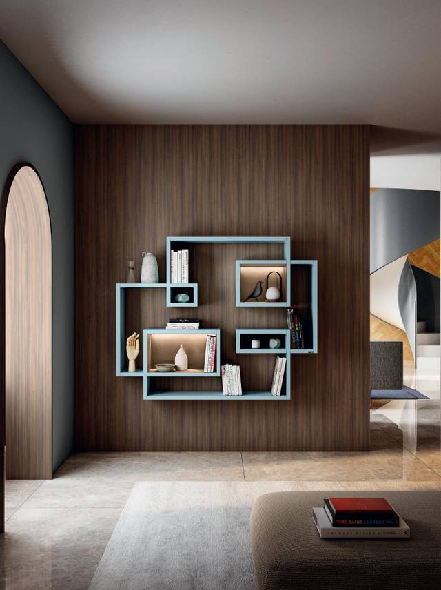 small light blue wall-mounted bookcase | Lagolinea Bookshelf | LAGO