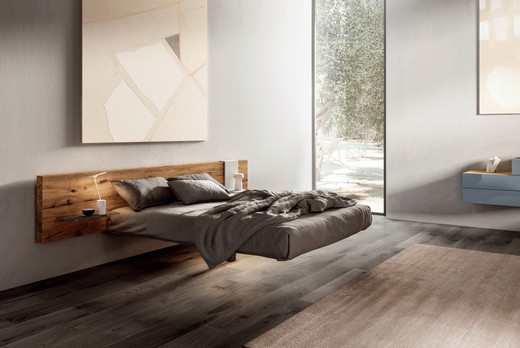 floating bed with wooden headboard | Fluttua Bed | LAGO