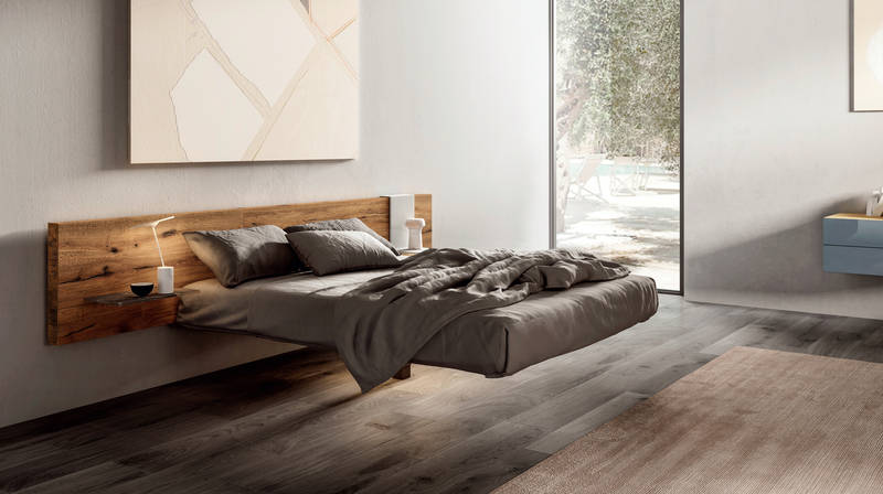 floating bed with wooden headboard | Fluttua Bed | LAGO