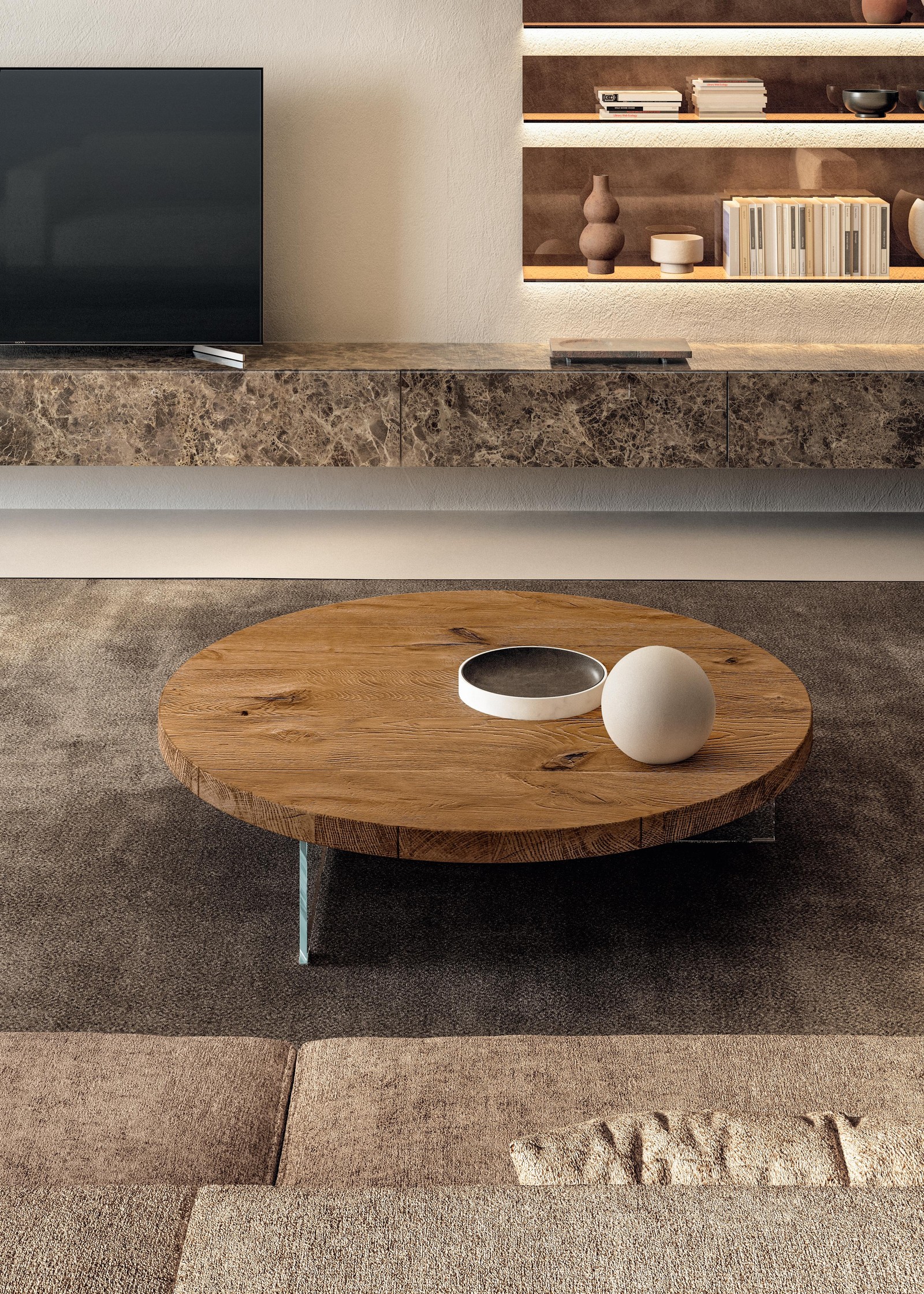 Mesa de centro redonda de madera y cristal para salón | Mesita Redonda Air | LAGO