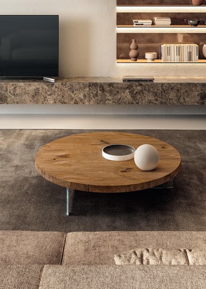 Mesa de centro redonda de madera y cristal para salón | Mesita Redonda Air | LAGO