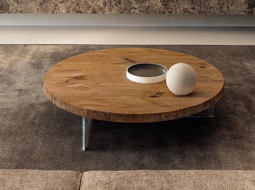 Mesa de centro redonda de madera y cristal para salón | Mesita Redonda Air | LAGO