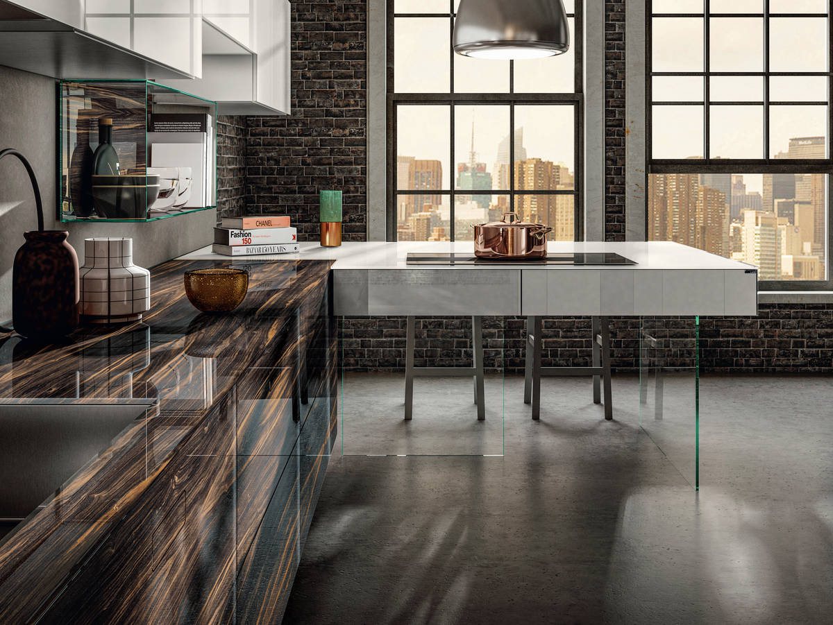glass kitchen with peninsula | Kitchen 36e8 Wood XGlass | LAGO