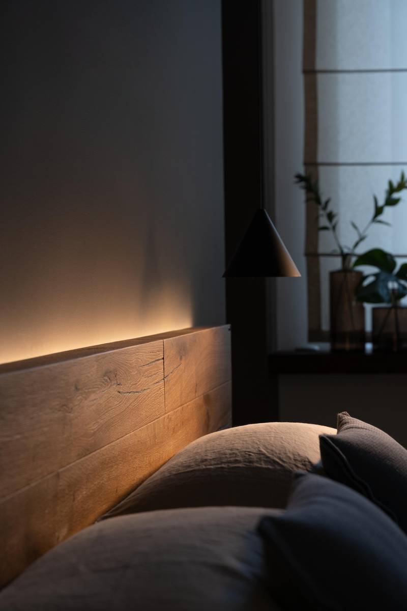wooden headboard with lighting | Fluttua Bed | LAGO