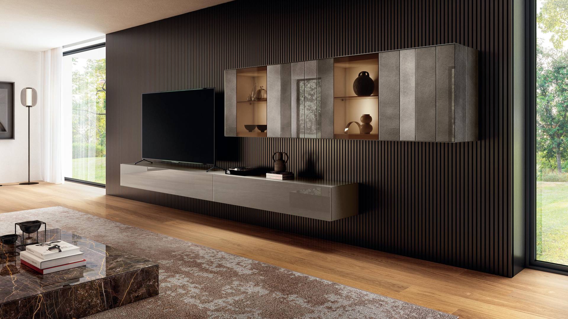 grey living room wall unit with display cabinets | N.O.W. Wall Unit | LAGO