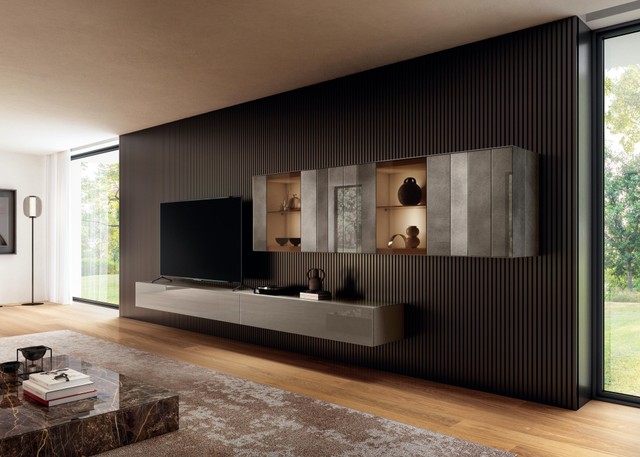 pared de salón gris con vitrinas | Pared Equipada N.O.W. | LAGO