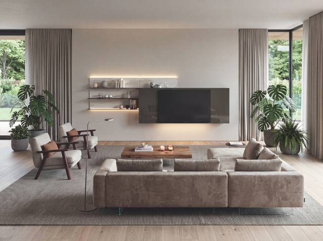 Sala de estar de diseño con mueble de TV empotrado y estantes abiertos.