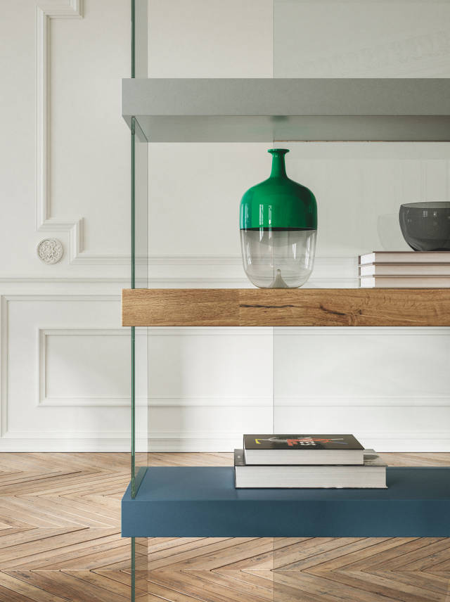 floating bookcase with lacquered wooden shelves | Air Bookshelf | LAGO
