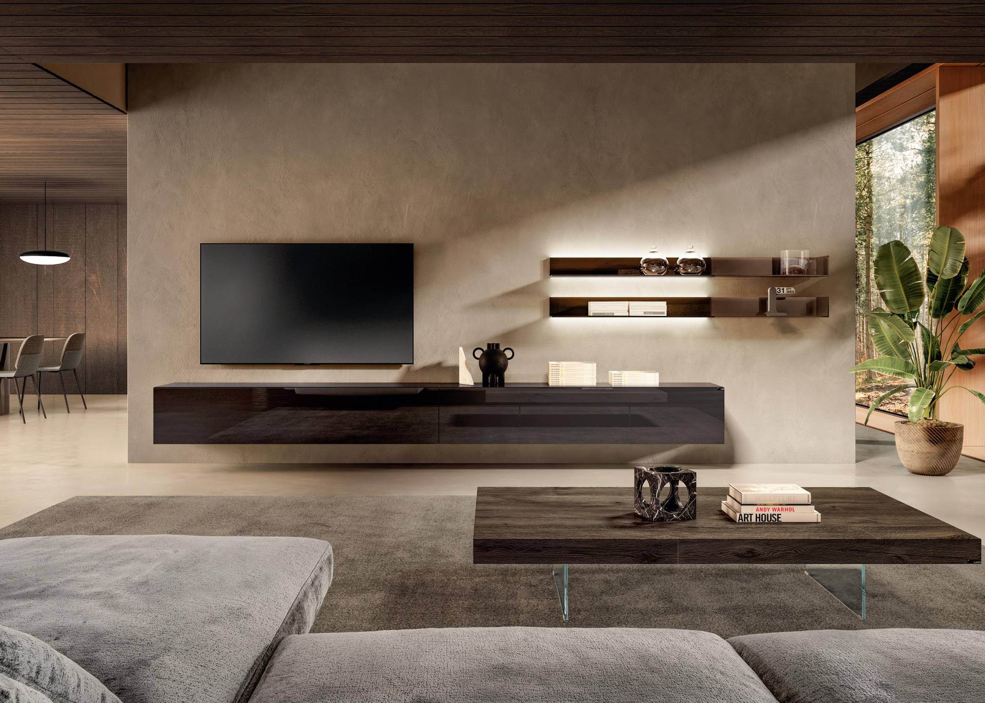 equipped wall with glass shelves | 36e8 Wall Unit | LAGO equipped wall with glass shelves | 36e8 Wall Unit | LAGO