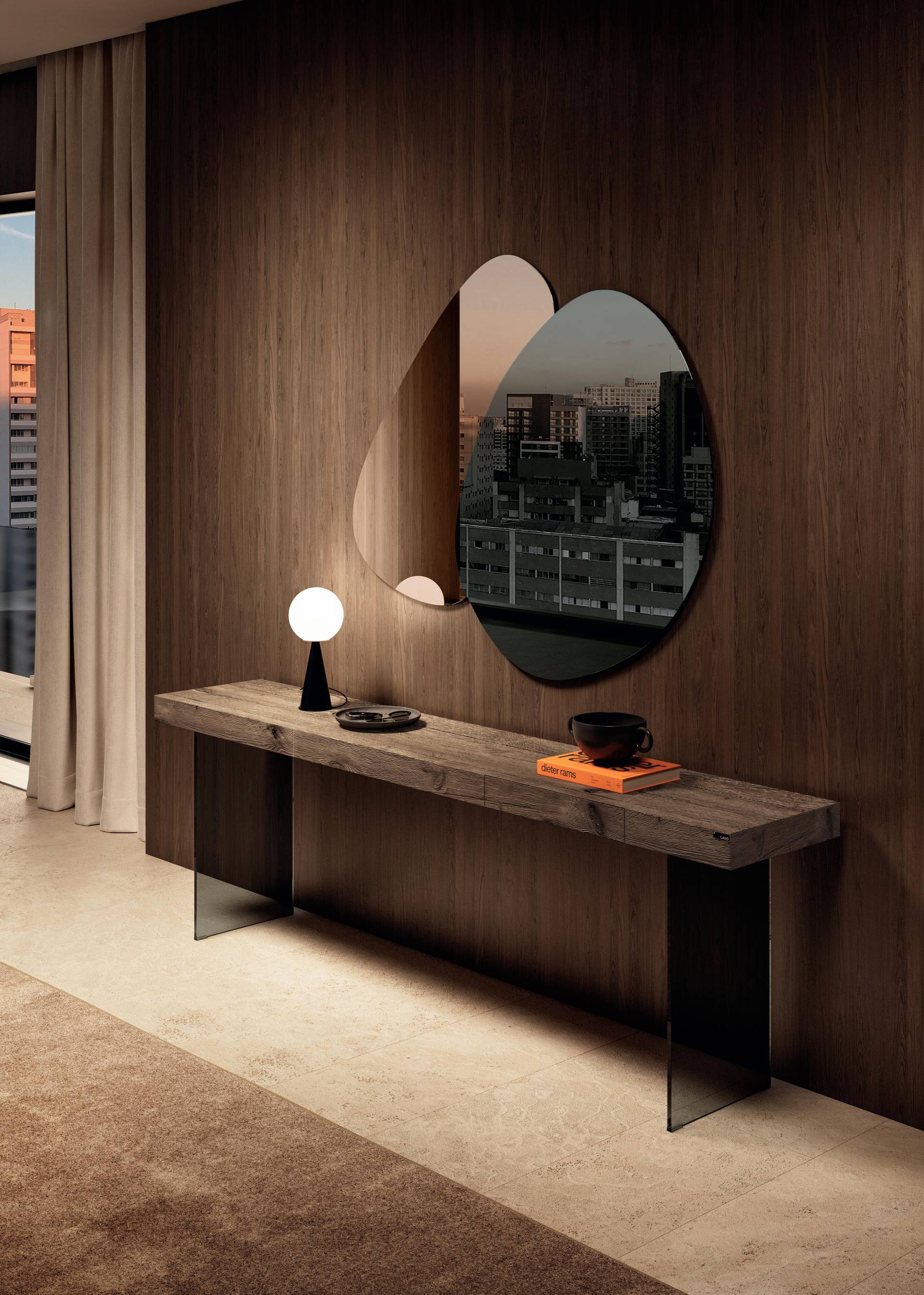 consolle sospesa in legno e vetro con specchio decorativo | Consolle Air, Specchio Melty | LAGO