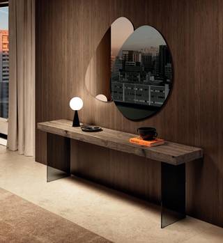 console suspendue en bois et verre avec miroir décoratif | Consolle Air, Miroir Melty | LAGO
