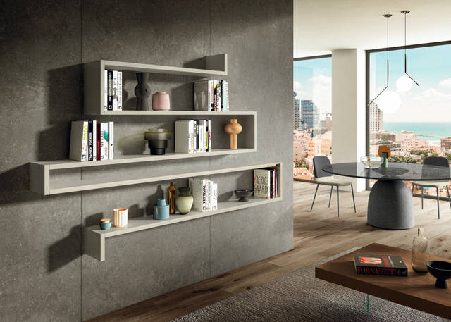 white wall-mounted bookcase | Lagolinea Shelving | LAGO