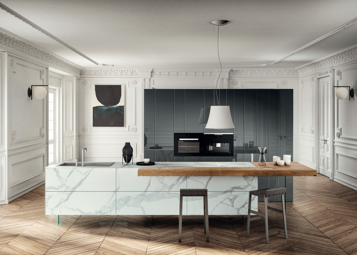 cucina ad isola in marmo e legno | Cucina 36e8 Marble XGlass| LAGO