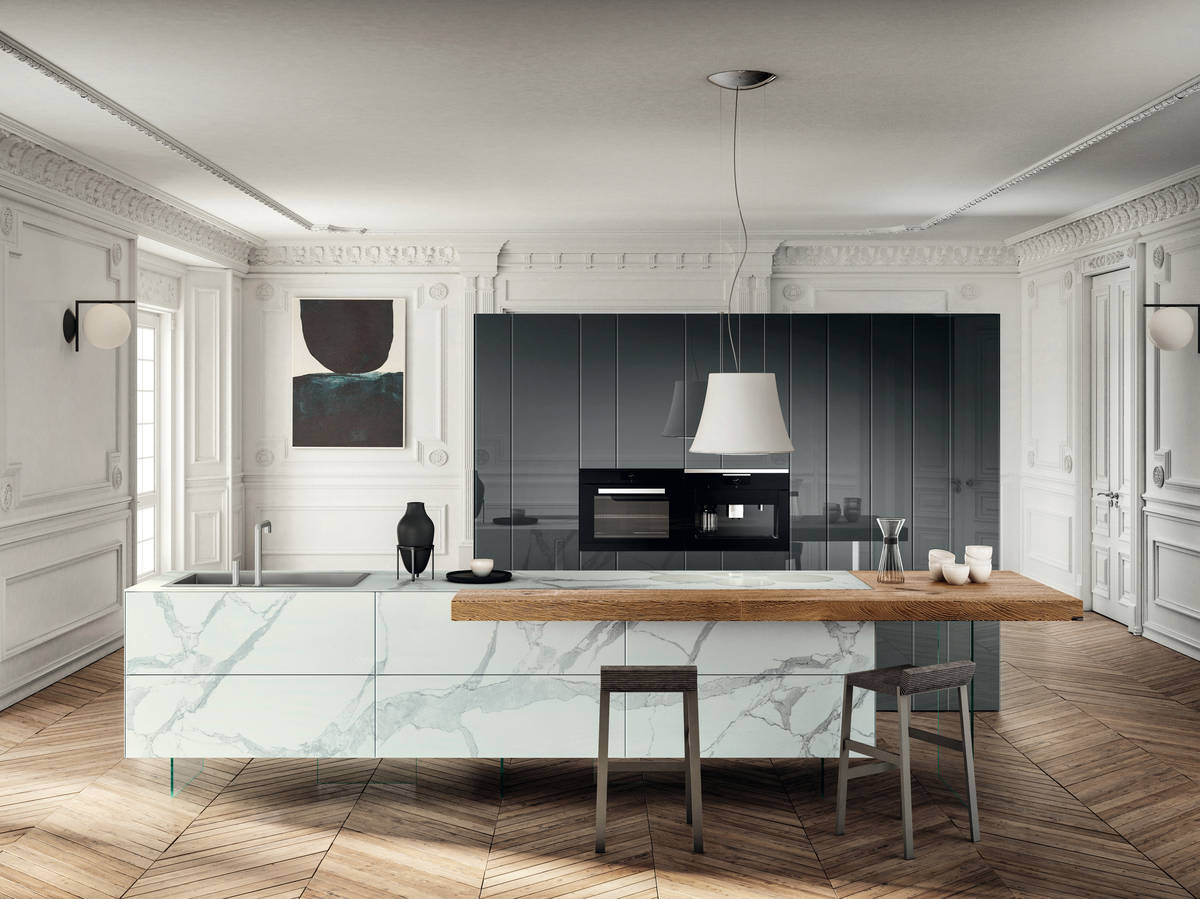 cucina ad isola in marmo e legno | Cucina 36e8 Marble XGlass| LAGO