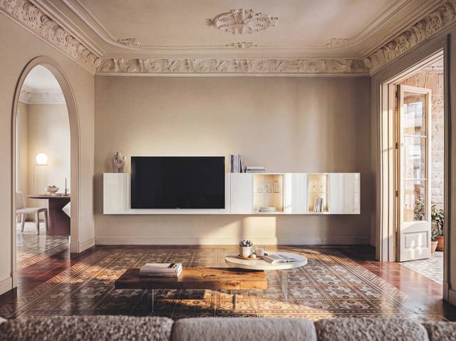 Elegant living room with a white wall unit and integrated TV – LAGO 36e8 Cinema.
