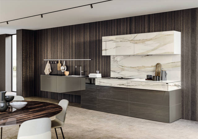 cucina lineare in vetro marrone e marmo | Cucina 36e8 Marble XGlass| LAGO