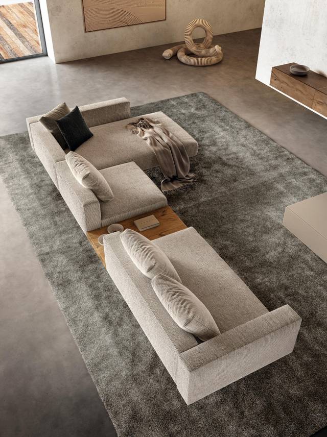 sofá con chaise longue y mesa de centro de madera | Sofá Air | LAGO