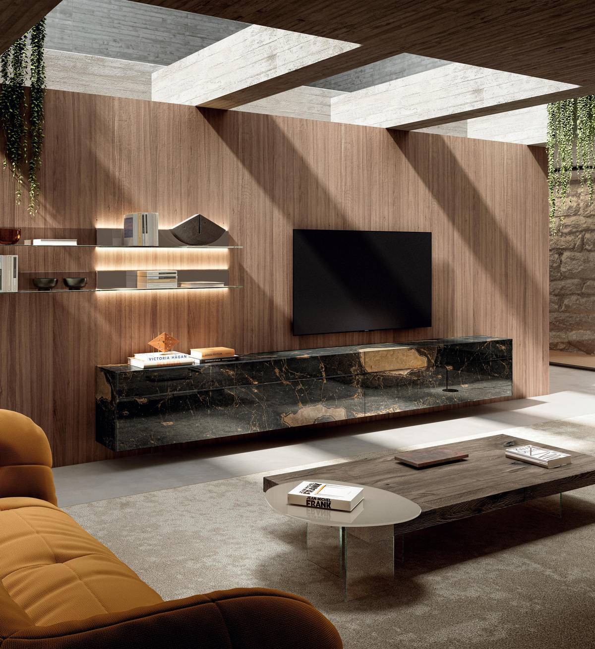 equipped TV wall with illuminated shelves | Materia Wall Unit | LAGO equipped TV wall with illuminated shelves | Materia Wall Unit | LAGO