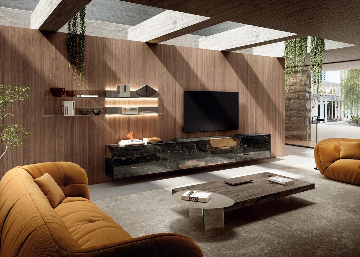 mur TV équipé d'étagères lumineuses | Paroi Amenagée Materia | LAGO