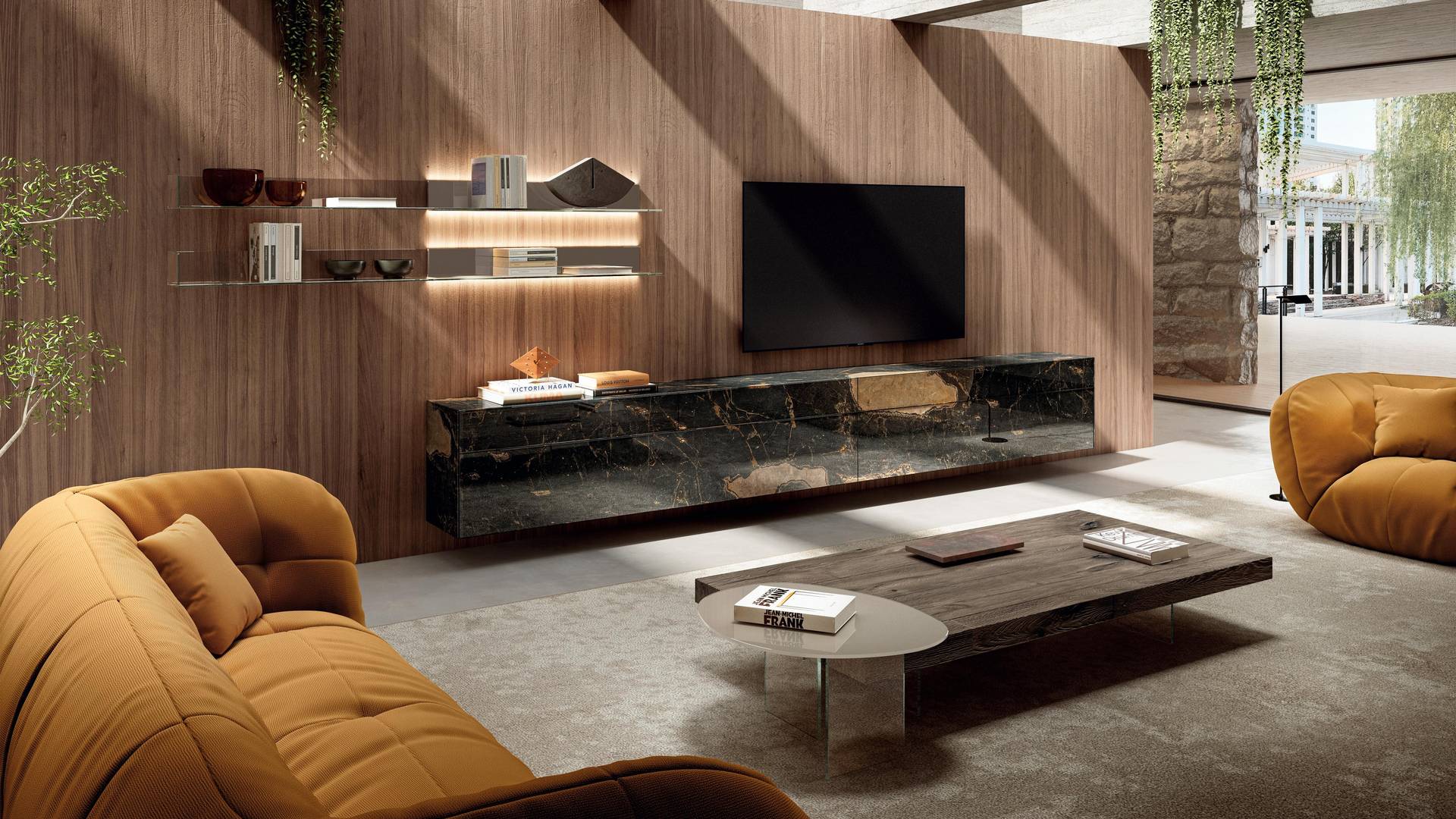 equipped TV wall with illuminated shelves | Materia Wall Unit | LAGO
