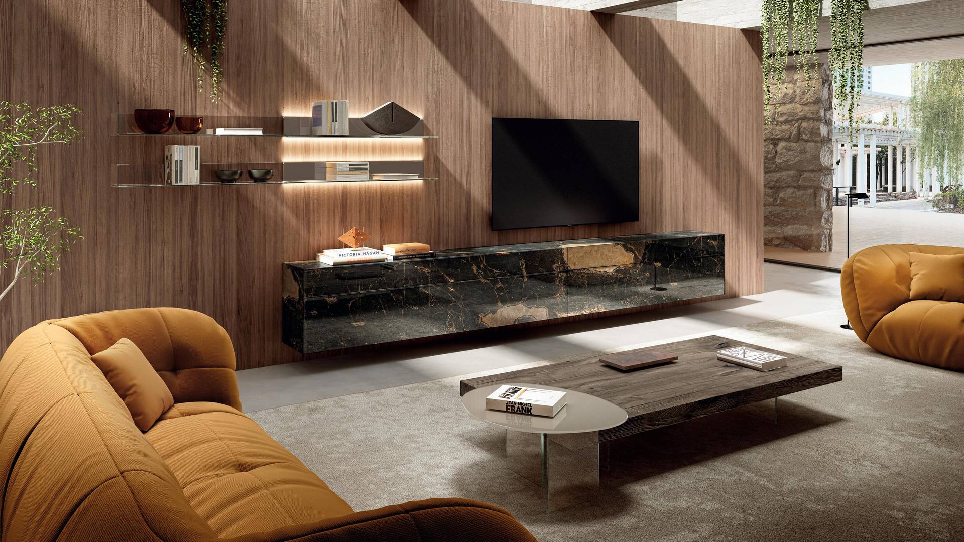 equipped TV wall with illuminated shelves | Materia Wall Unit | LAGO