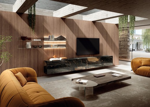 mur TV équipé d'étagères lumineuses | Paroi Amenagée Materia | LAGO