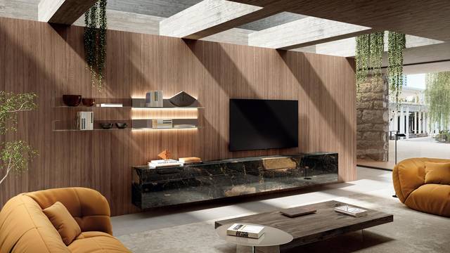 mur TV équipé d'étagères lumineuses | Paroi Amenagée Materia | LAGO