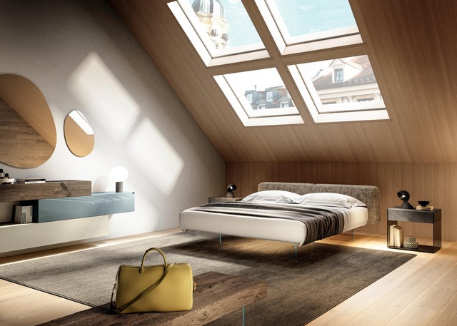 cama moderna con cabecero beige suave | Cama Air | LAGO