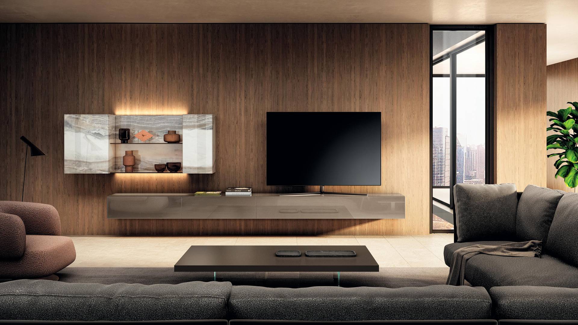 Paroi Aménagée avec meuble TV | Paroi Aménagée Materia | LAGO