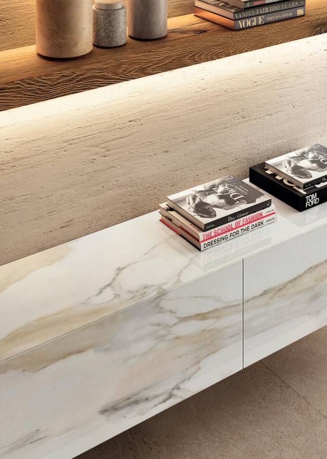 xglass marbre et bois système mural TV |Paroi Aménagée Materia | LAGO