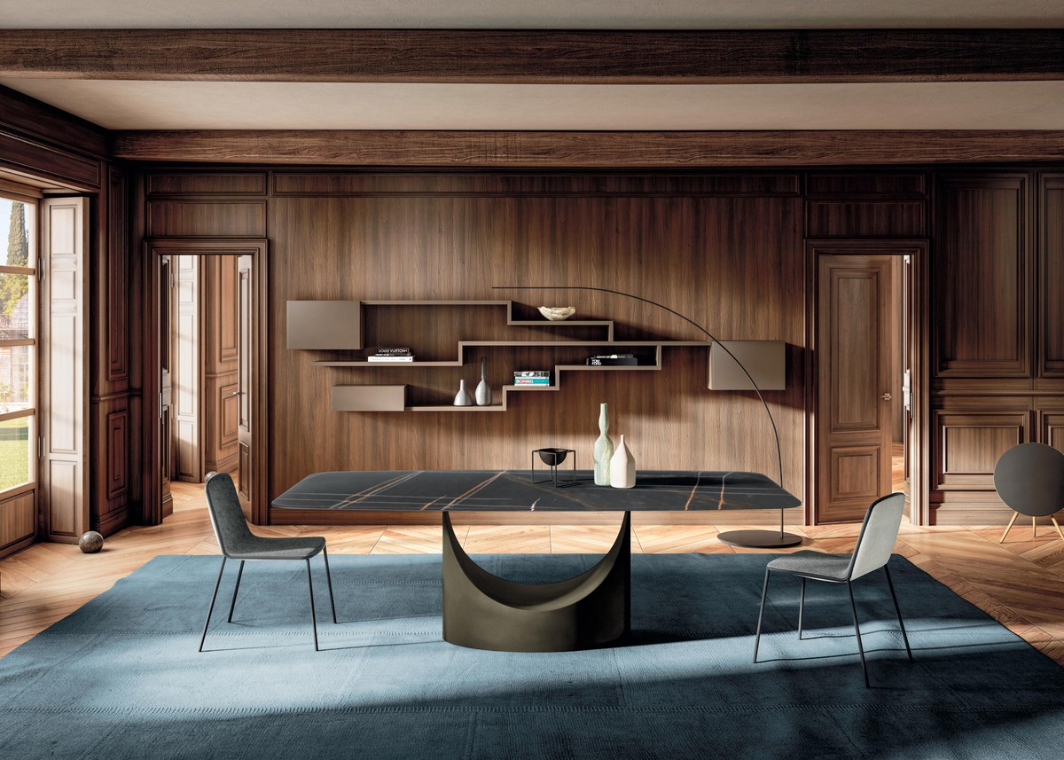 mesa de salón mármol negro y librería de pared marrón | Mesa U | LAGO