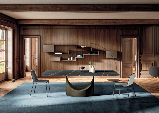 mesa de salón mármol negro y librería de pared marrón | Mesa U | LAGO