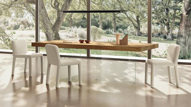 wood and glass table with upholstered chairs | Air Table | LAGO wood and glass table with upholstered chairs | Air Table | LAGO