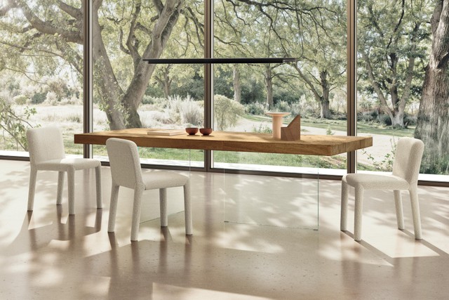 wood and glass table with upholstered chairs | Air Table | LAGO