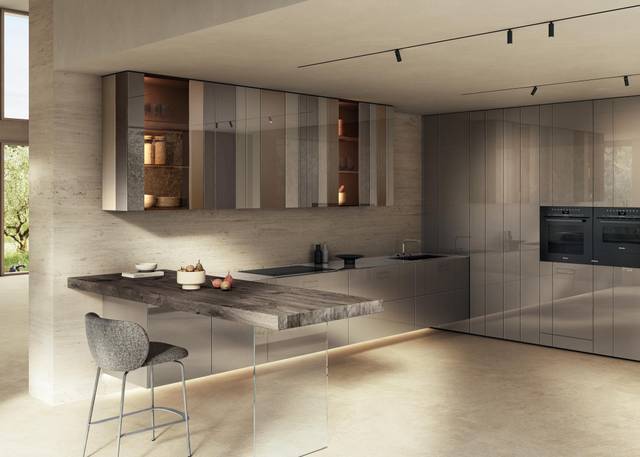 kitchen with peninsula and glass wall unit | N.O.W. Kitchen | LAGO