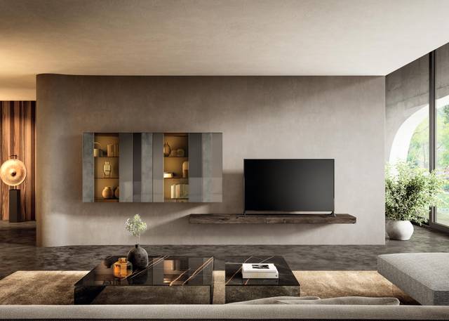 suspended living room wall with display cabinet with colored bands | N.O.W. Wall Unit | LAGO